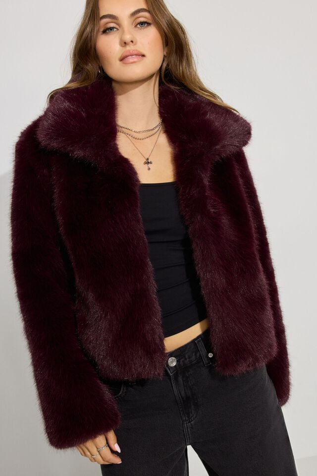 Women Garage Short Faux Fur Coat Dark Red | A-0843957