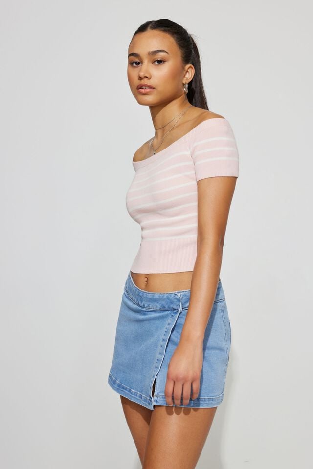 Women Garage Short Sleeve Off Shoulder Sweater Pink / White | A-3701468