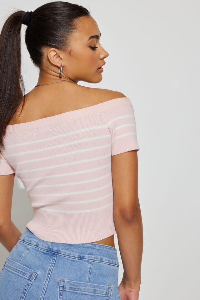 Women Garage Short Sleeve Off Shoulder Sweater Pink / White | A-3701468