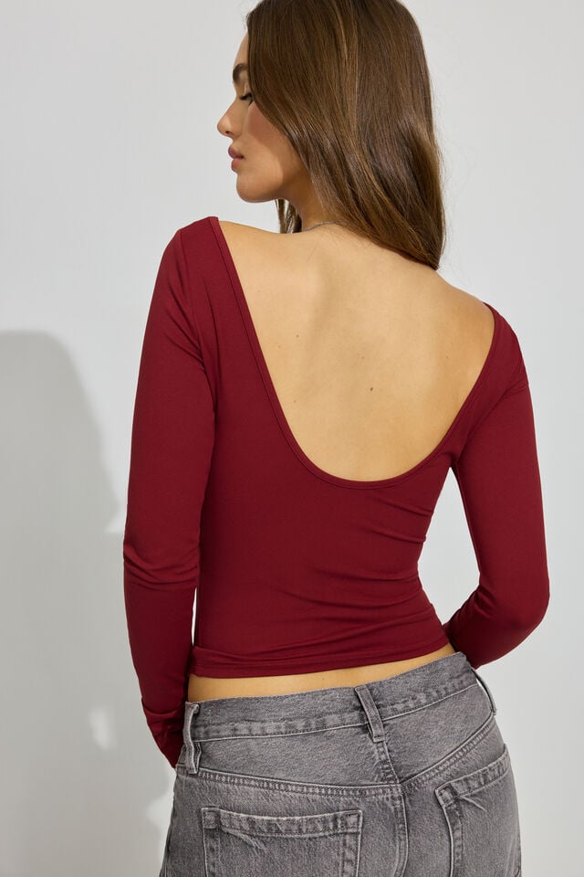 Women Garage Sleek Boat Neck Long Sleeve Dark Red | A-6325790