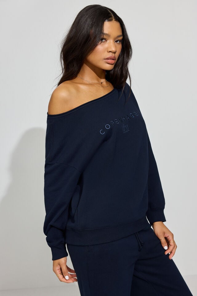 Women Garage Softterry Off Shoulder Sweatshirts Blue | A-3095471