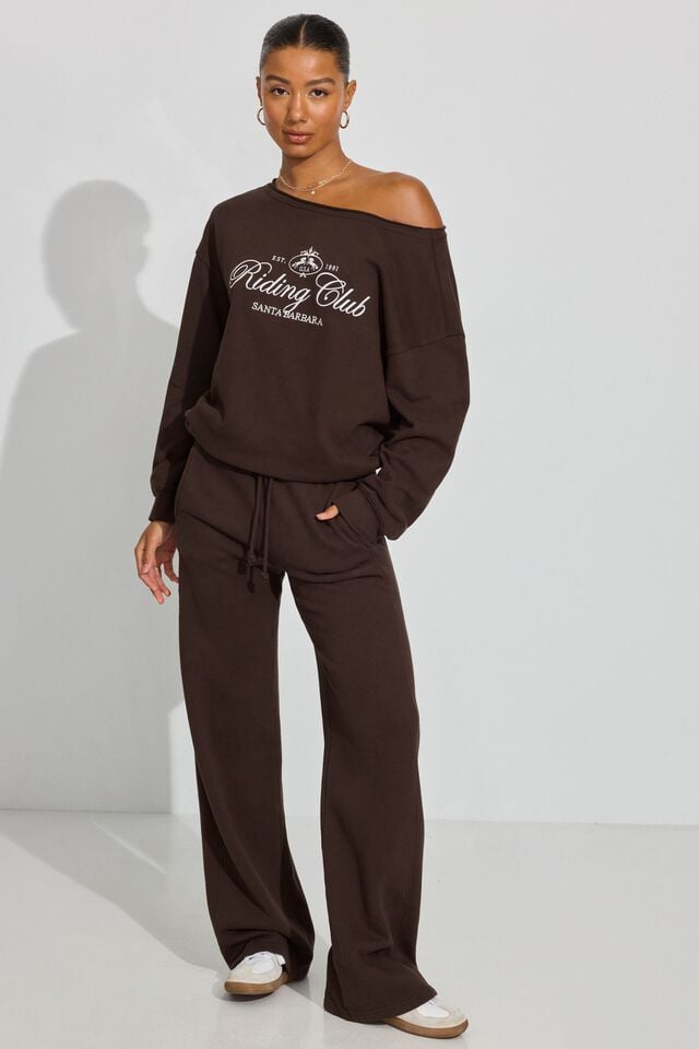 Women Garage Softterry Off Shoulder Sweatshirts Brown | A-5380196