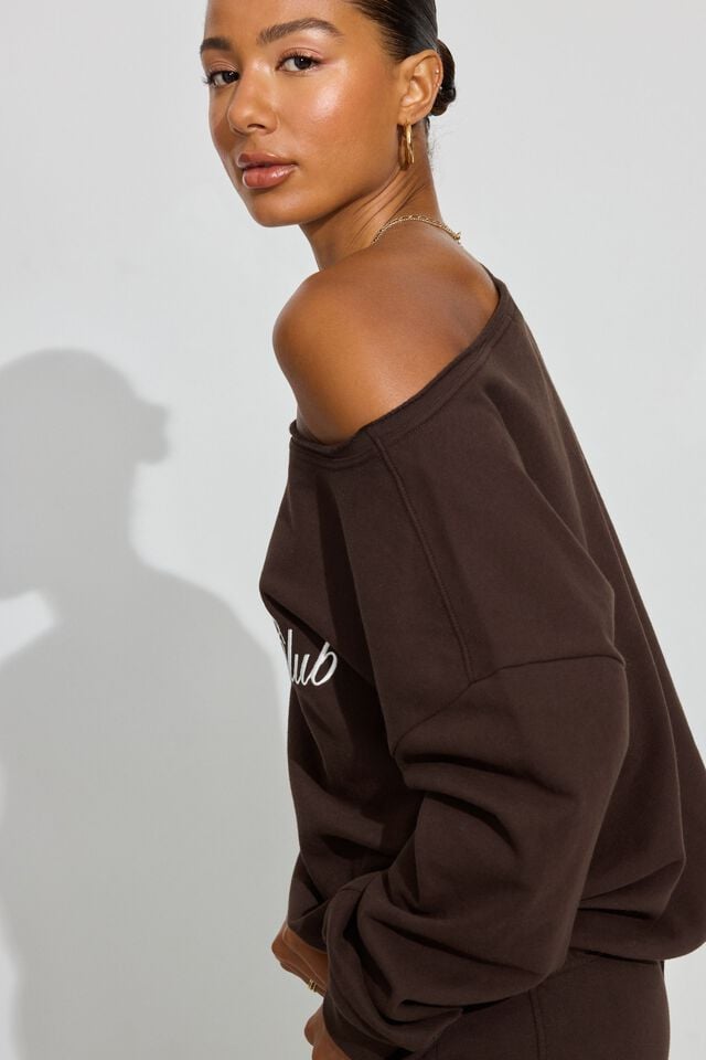 Women Garage Softterry Off Shoulder Sweatshirts Brown | A-5380196