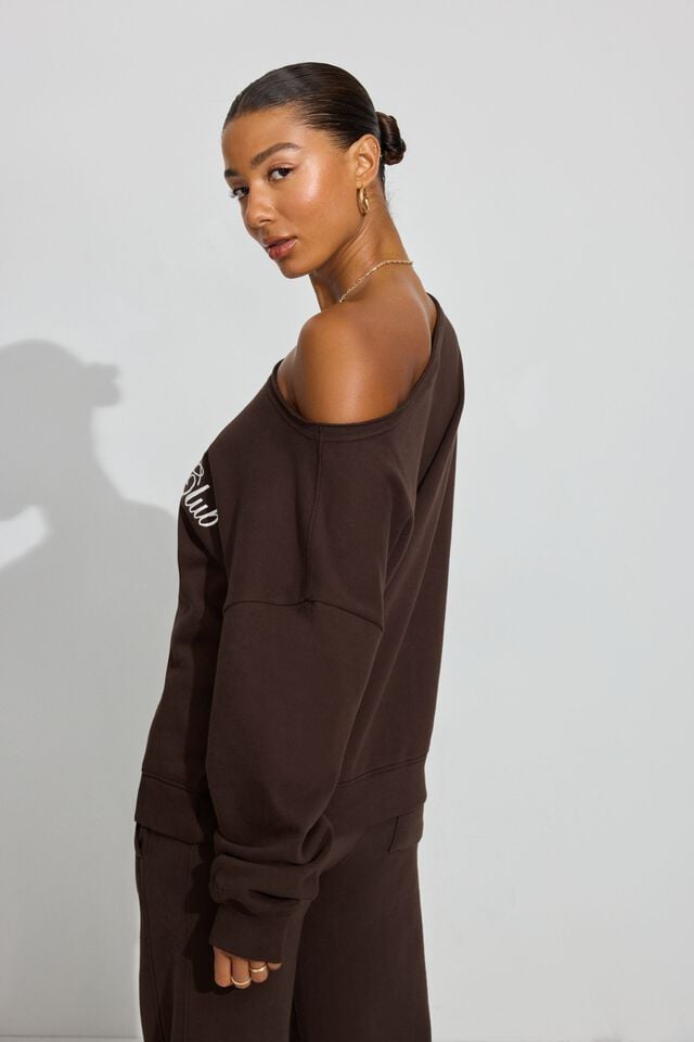 Women Garage Softterry Off Shoulder Sweatshirts Brown | A-5380196