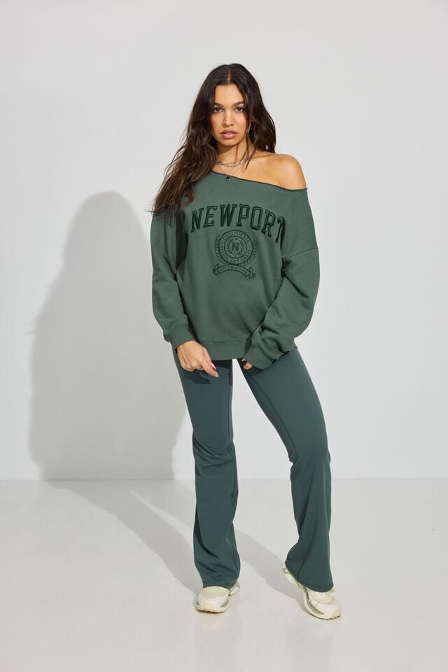 Women Garage Softterry Off Shoulder Sweatshirts Dark Green | A-4716352