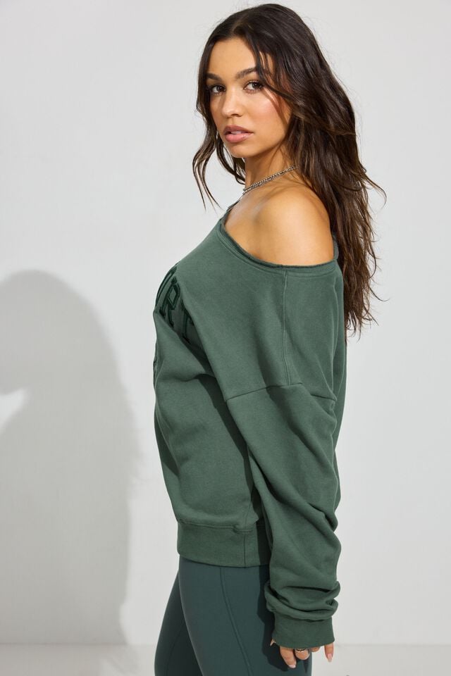 Women Garage Softterry Off Shoulder Sweatshirts Dark Green | A-4716352