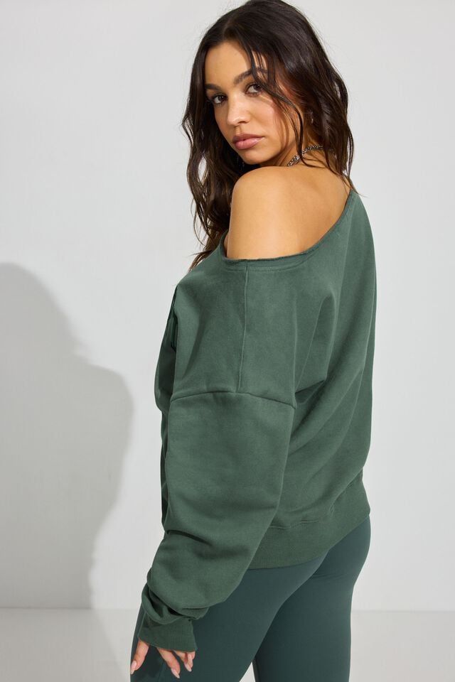 Women Garage Softterry Off Shoulder Sweatshirts Dark Green | A-4716352