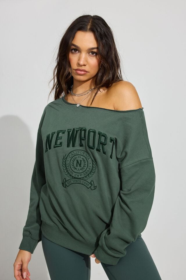 Women Garage Softterry Off Shoulder Sweatshirts Dark Green | A-4716352