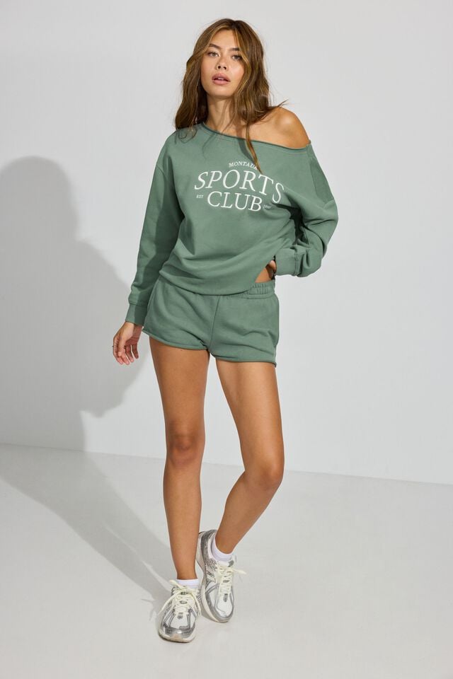 Women Garage Softterry Off Shoulder Sweatshirts Green | A-0489176