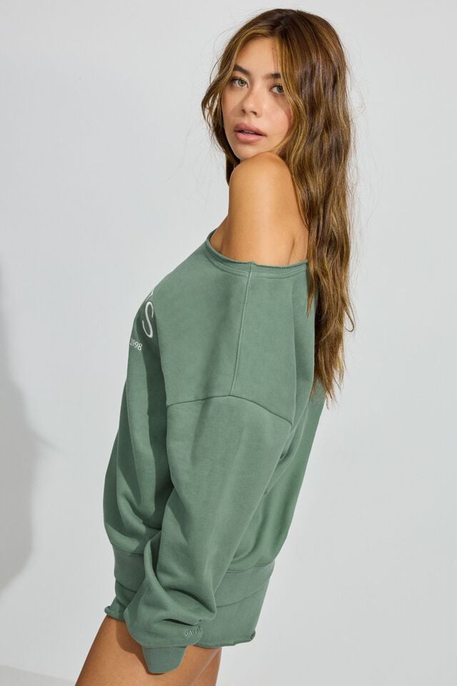 Women Garage Softterry Off Shoulder Sweatshirts Green | A-0489176