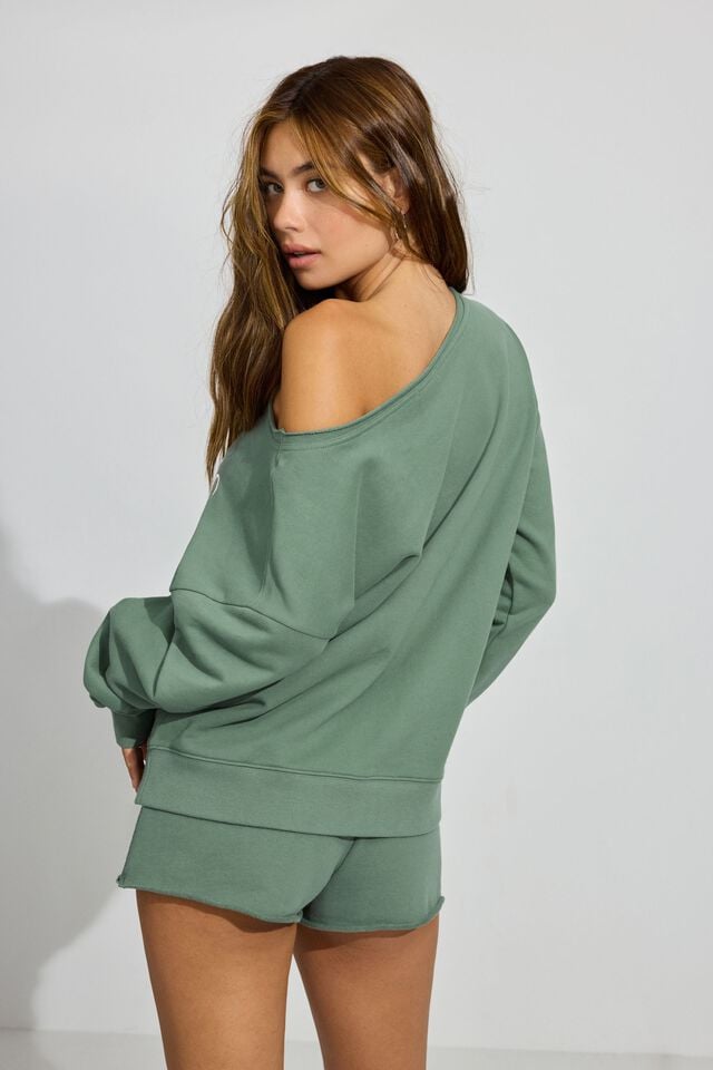 Women Garage Softterry Off Shoulder Sweatshirts Green | A-0489176