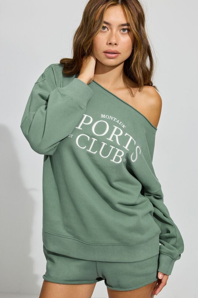 Women Garage Softterry Off Shoulder Sweatshirts Green | A-0489176