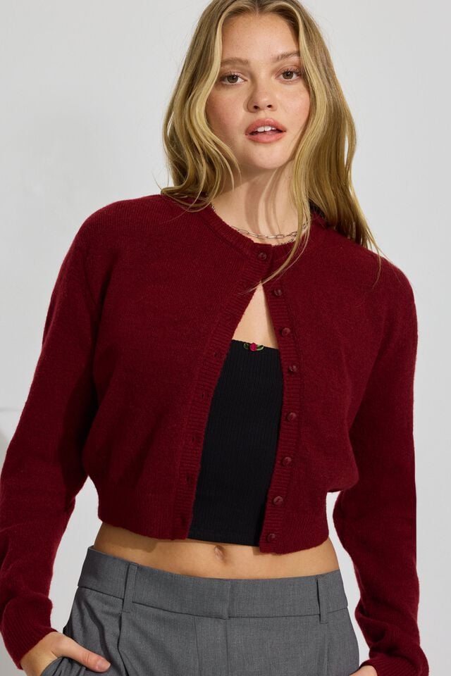 Women Garage Spongy Button Up Cardigan Dark Red | A-7056249