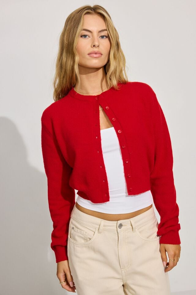 Women Garage Spongy Button Up Cardigan Red | A-1645703