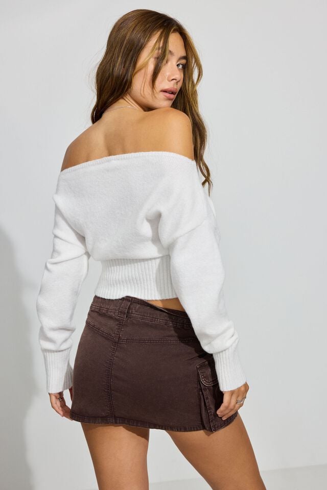 Women Garage Spongy Off Shoulder Sweater White | A-6825904