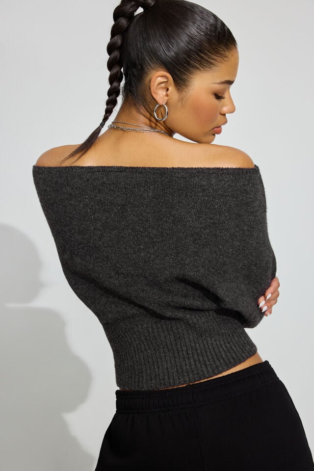 Women Garage Spongy Off Shoulder Sweater Grey | A-9764582