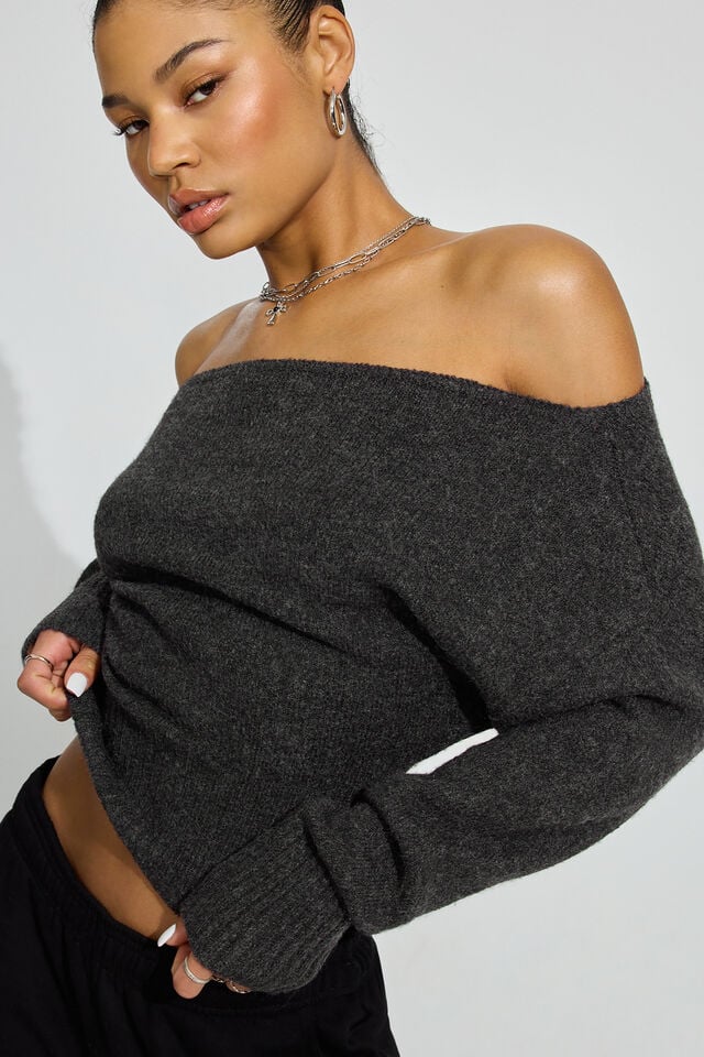 Women Garage Spongy Off Shoulder Sweater Grey | A-9764582