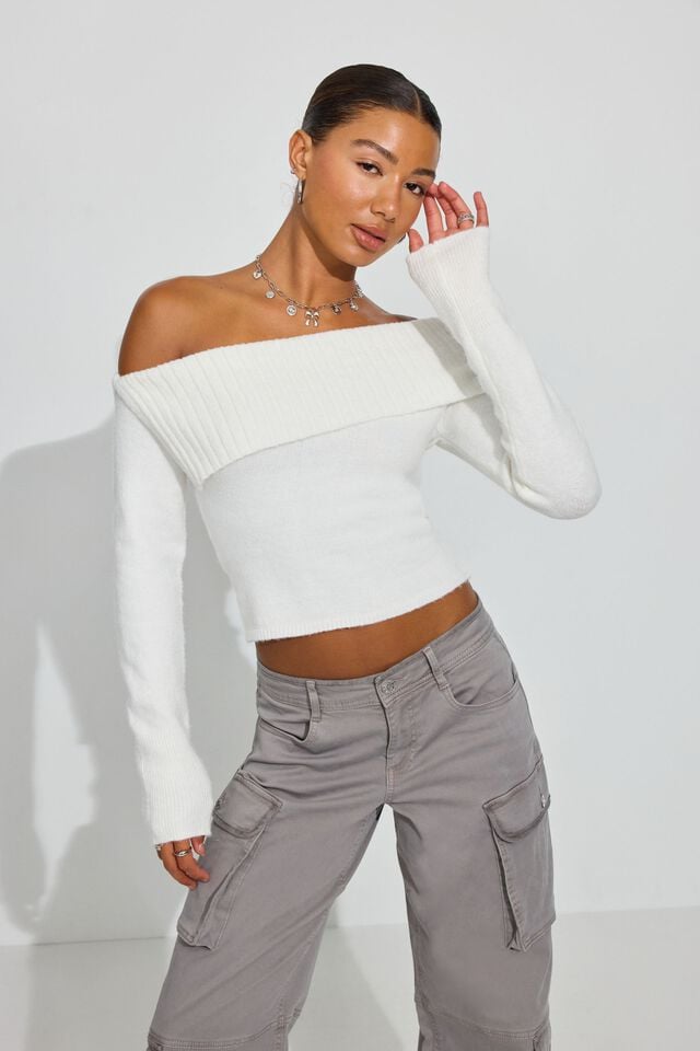 Women Garage Spongy Off Shoulder Sweater White | A-8714259