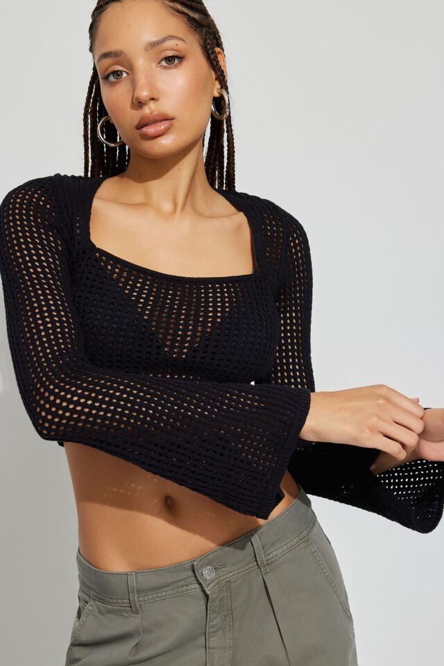 Women Garage Square Neck Open Knit Sweater Black | A-6523901