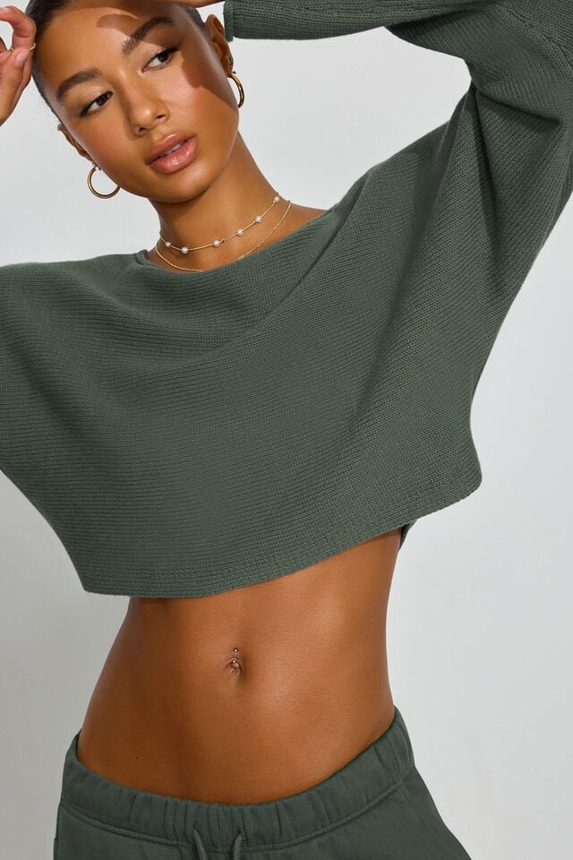 Women Garage Supersoft Loose Crop Sweater Dark Green | A-5143892