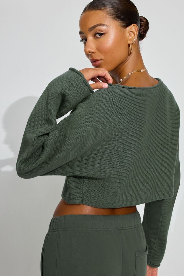 Women Garage Supersoft Loose Crop Sweater Dark Green | A-5143892