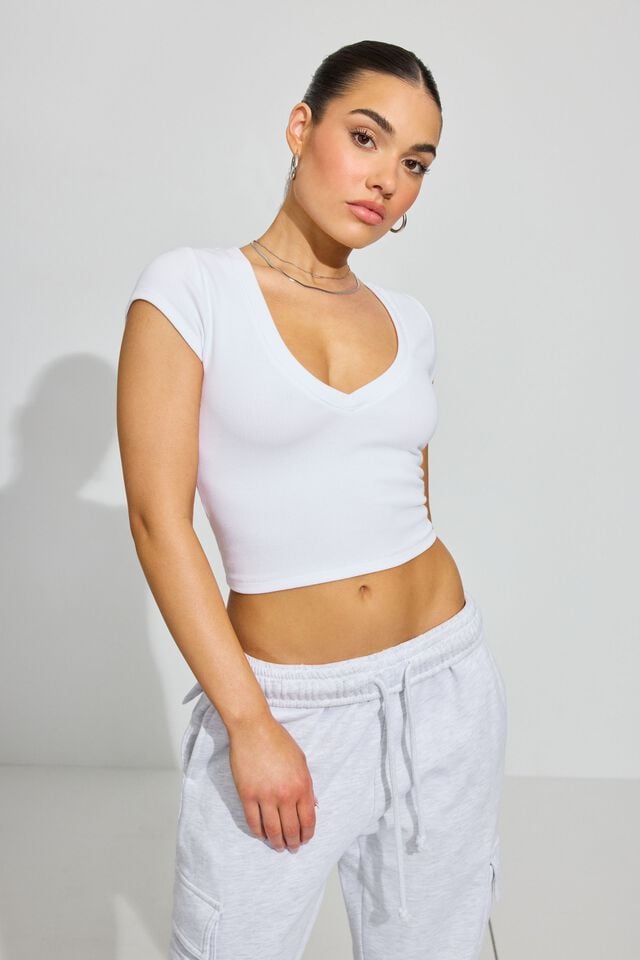 Women Garage V Neck Ribbed T Shirts White | A-3841902