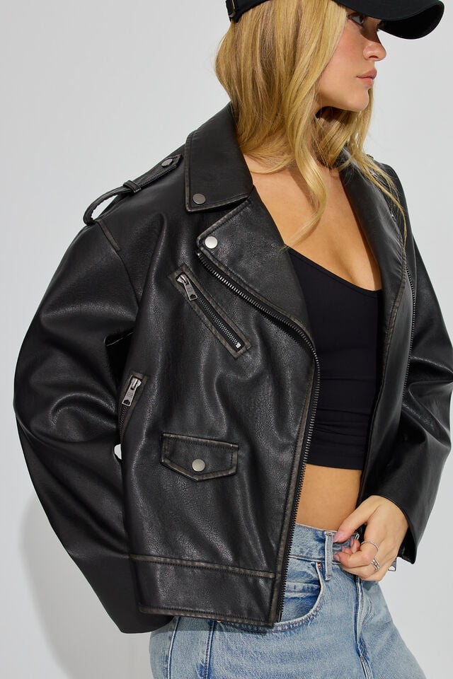 Women Garage Washed Faux Leather Down Jackets Black | A-0854397