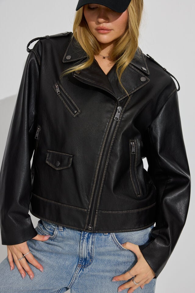 Women Garage Washed Faux Leather Down Jackets Black | A-0854397