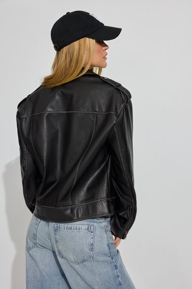 Women Garage Washed Faux Leather Down Jackets Black | A-0854397